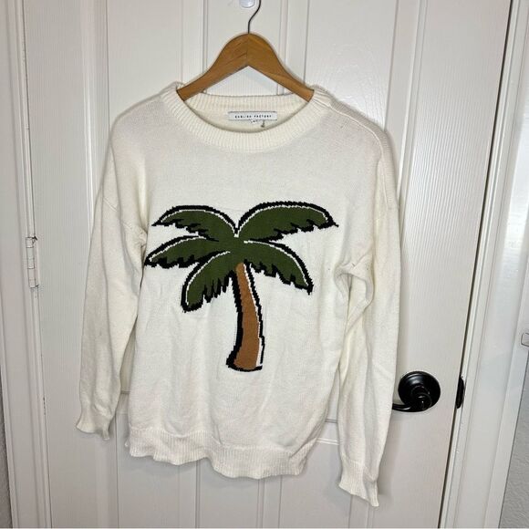 English Factory Creme Palm Tree Crewneck Sweater Sz S Coastal Beach Tropical - Picture 1 of 5